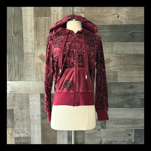 Disney Parks Mickey Mouse zip up hoodie small cranberry floral boho Disneyland - Picture 1 of 13